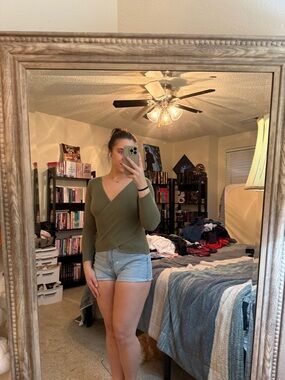 SHEIN Olive Green Wrap V-Neck Long Sleeve Top